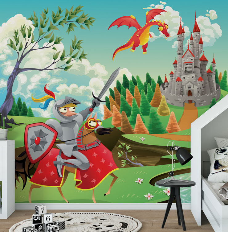 cartoon knight, dragon and castle wallpaper in cute child's bedroom