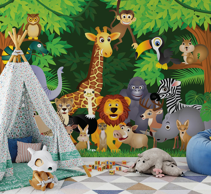 cartoon safari animals in a jungle wall mural in fun child's bedroom