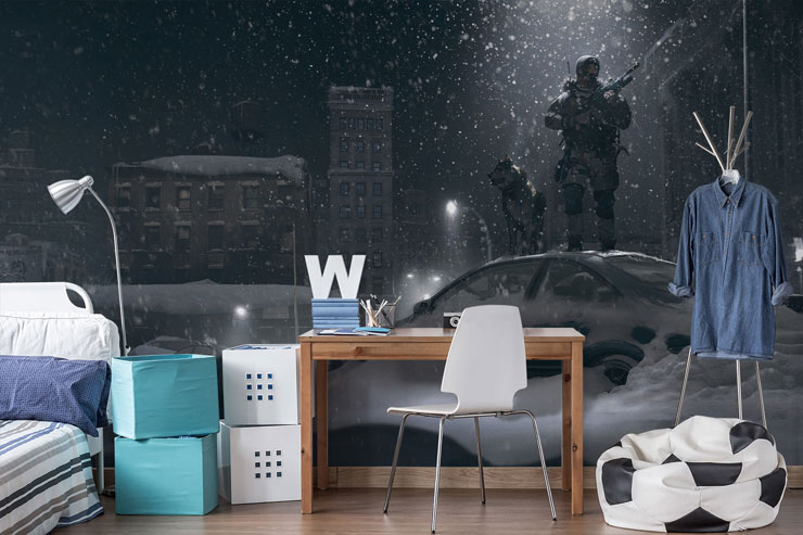 gaming soldier and dog in snowy city wallpaper in teenager's bedroom
