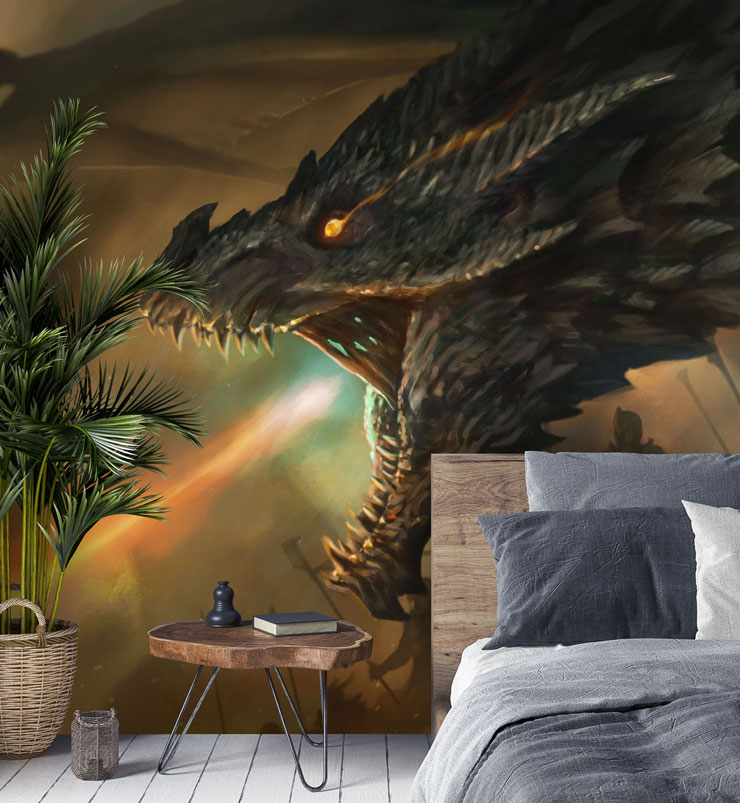 fantasy dragon and its master on battle hillside wallpaper in cool bedroom