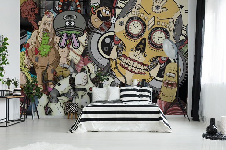 grunge cartoon style wallpaper in cool bedroom