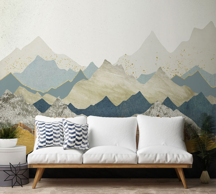 abstract mountain view with marble textures wall mural with white and blue sofa