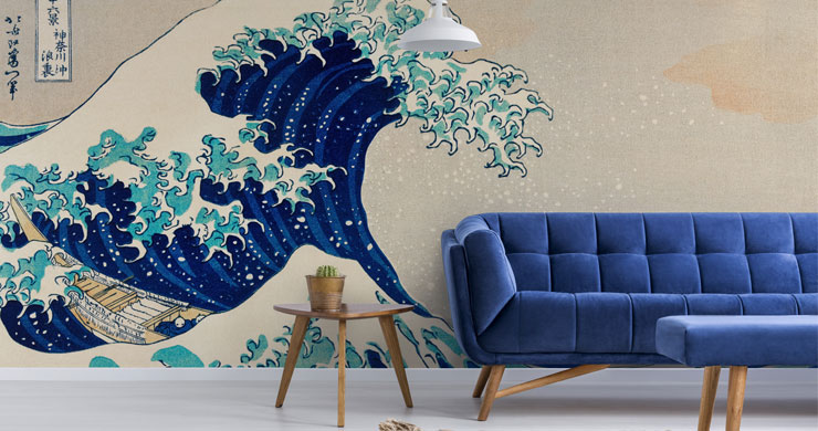 japanese art of wave in lounge with blue sofa and foot stool