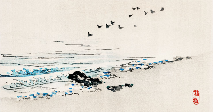 minimalist japanese art of beach and birds wallpaper