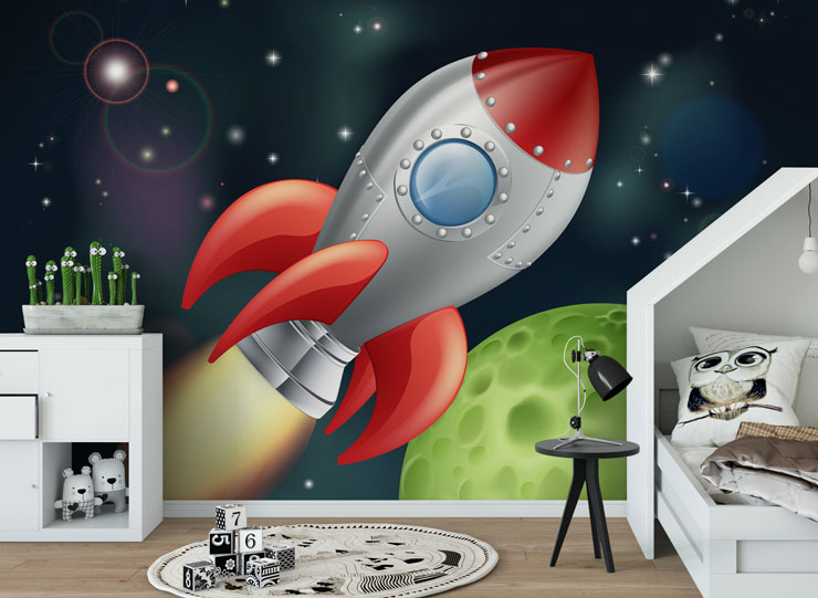 cartoon drawing of a rocket in space in child's modern nursery