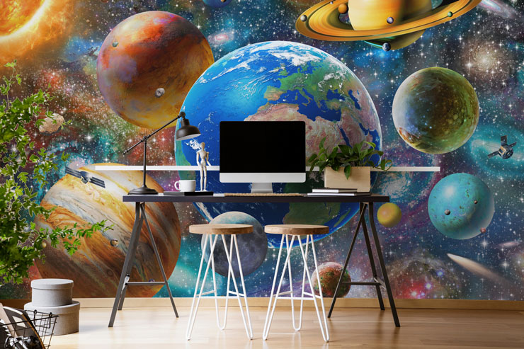 amazing solar system illustration in minimalist home office