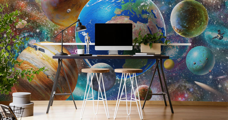 colourful illustrated solar system wall mural in cool home office