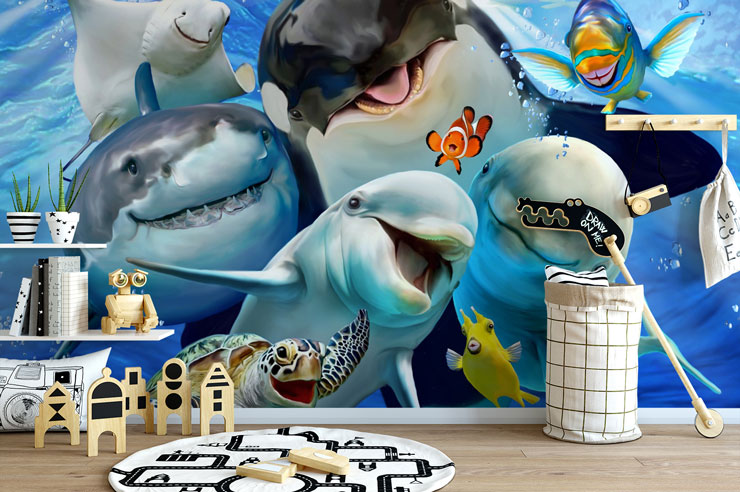 ocean creatures smiling having a selfie ocean wallpaper in child's bedroom