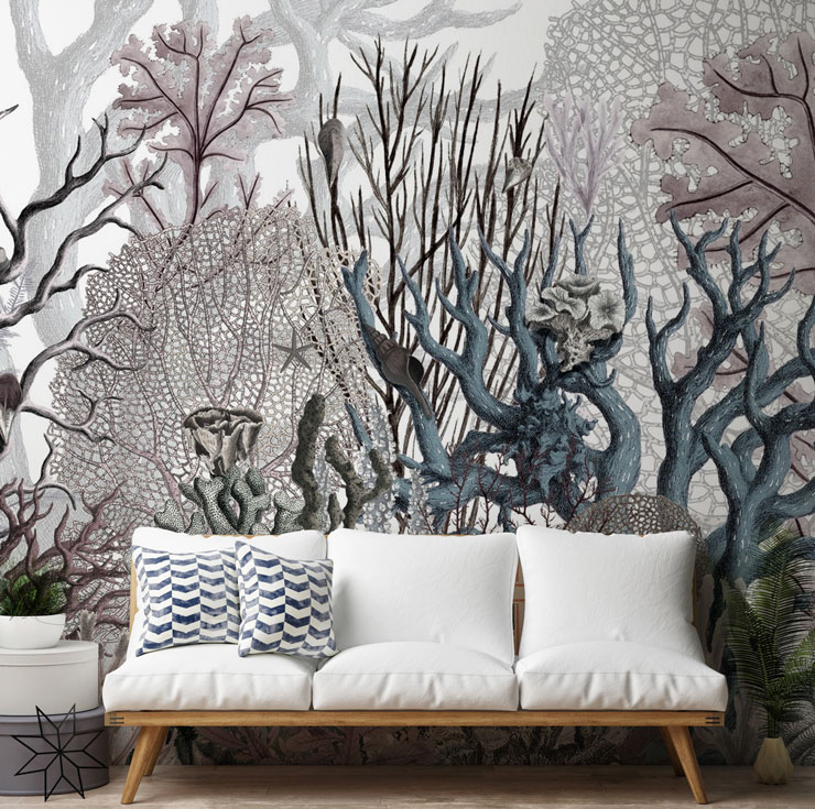 pastel grey, lilac and blue vintage coral illustrated wallpaper in modern lounge