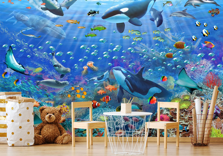 illustrated sea life ocean wallpaper in child's trendy nursery