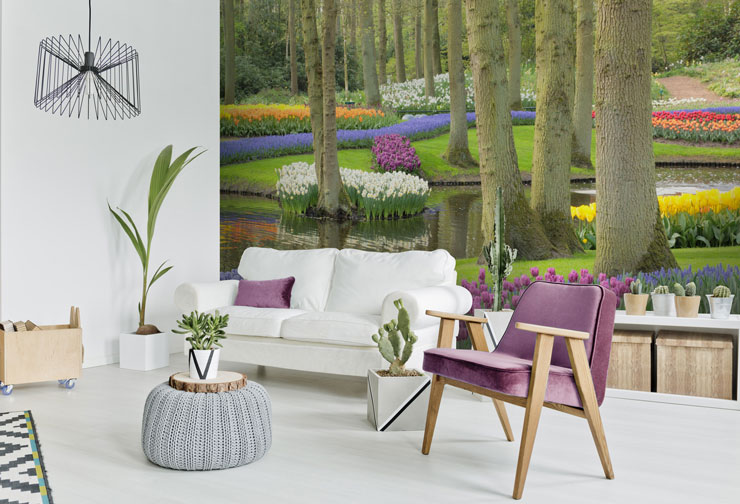 tulip garden wallpaper in trendy white and purple room