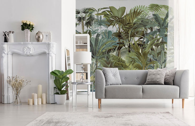 vintage style illustration of a green jungle in a trendy white and grey lounge