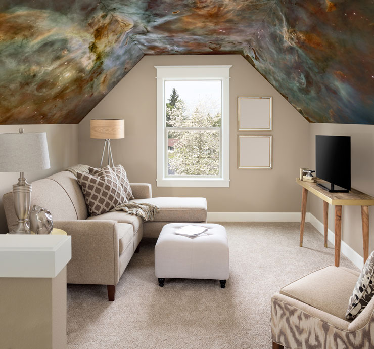 smokey grey, rust and black nebula wallpapered ceiling in loft lounge