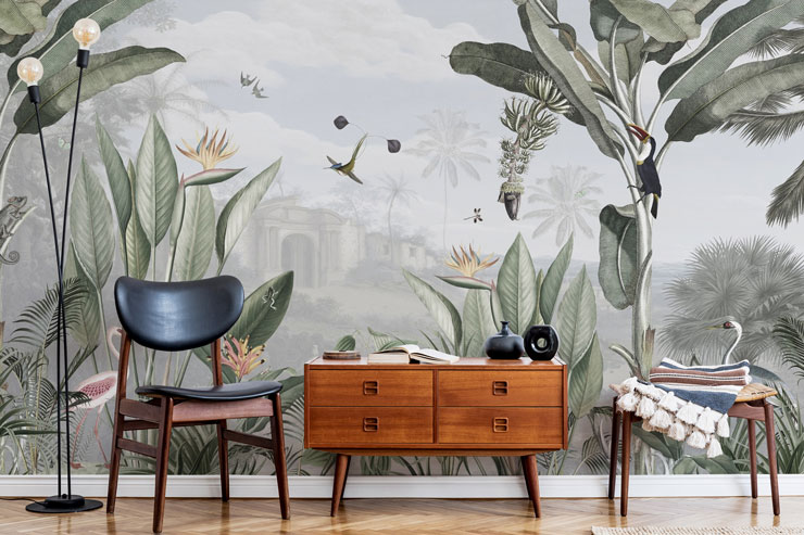 illustrated jungle and exotic birds wallpaper in mid-century styled trendy lounge