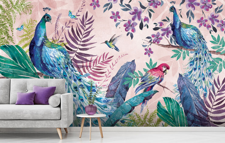 peacocks and parrot with lilac jungle wallpaper in grey and purple lounge
