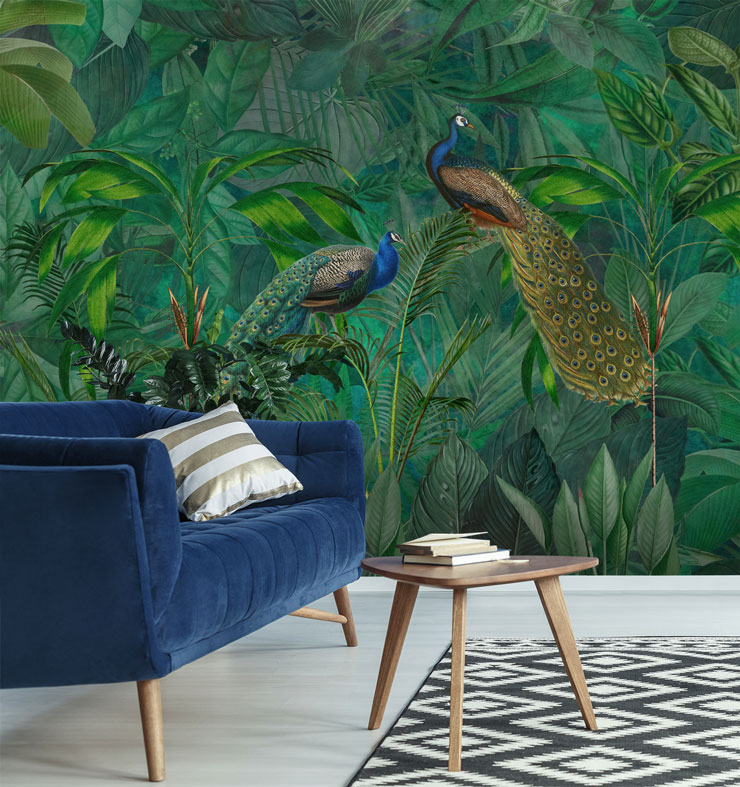 dark green and blue jungle with peacocks wallpaper in trendy lounge