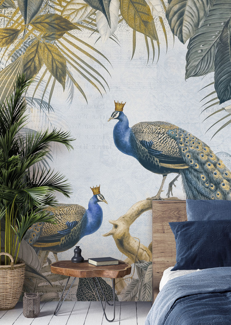 illustration of two crowned peacocks in a gold and navy jungle wallpaper in a stylish bedroom