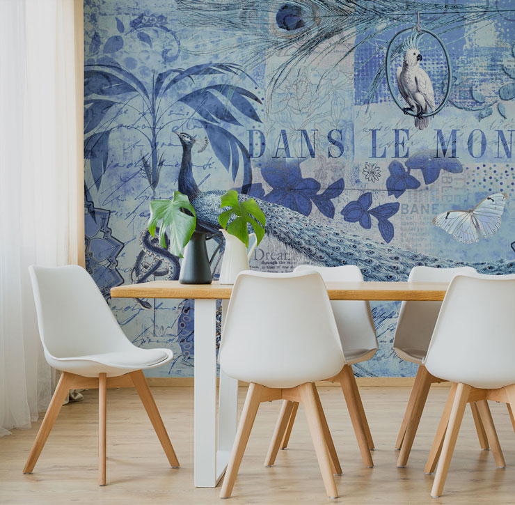 blue vintage peacock wallpaper in minimalist dining room