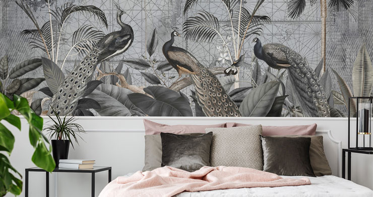 vintage illustrated grey peacock wallpaper in beautiful white, pink and grey master bedroom