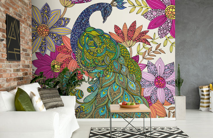 doodle style, colourful peacock wallpaper in trendy lounge with brick wall