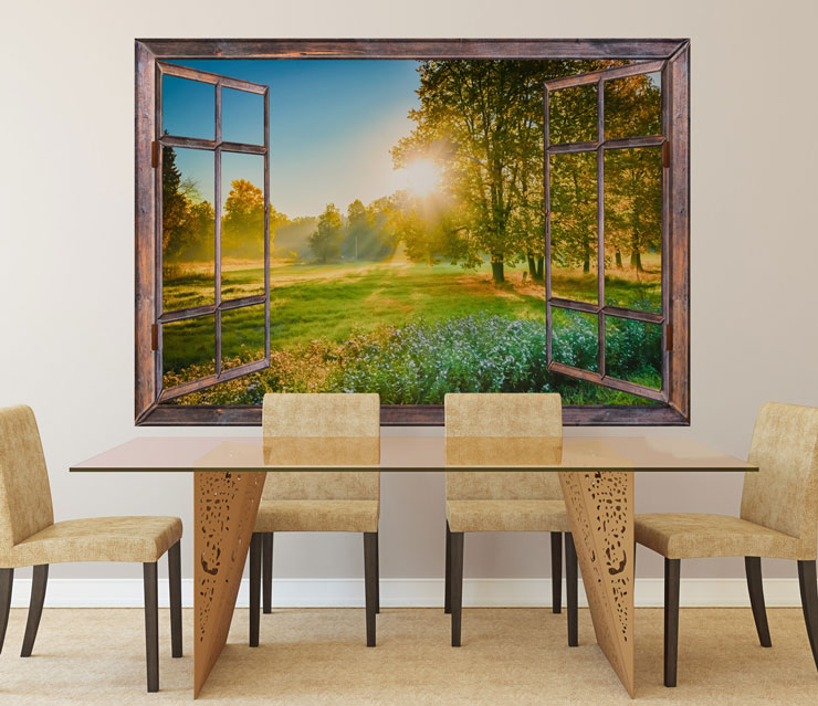 sunrise meadow view window in beige coloured dining room 