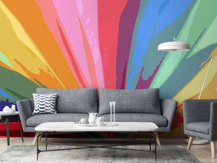 painted rainbow strokes wallpaper in grey lounge