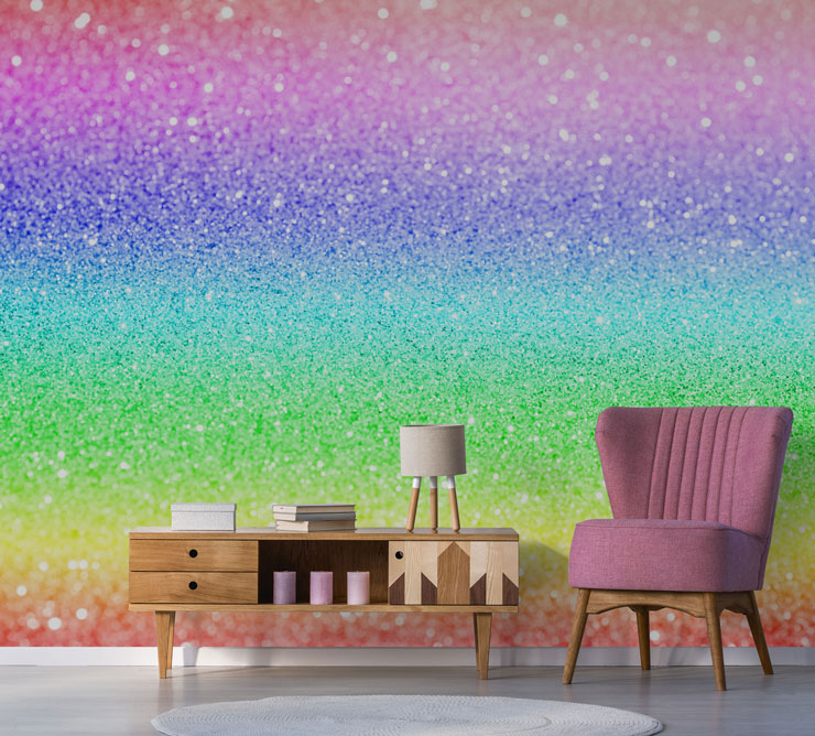 glitter effect rainbow dust wall mural in lounge