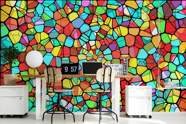 colourful stained glass wall mural in modern office