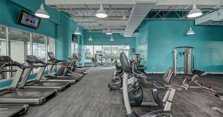 large gym with teal walls and vast equipment