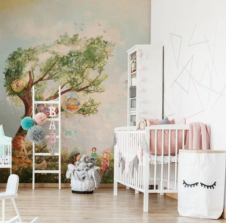 pixies in meadow with magic tree and hot air balloon wallpaper in cute nursery