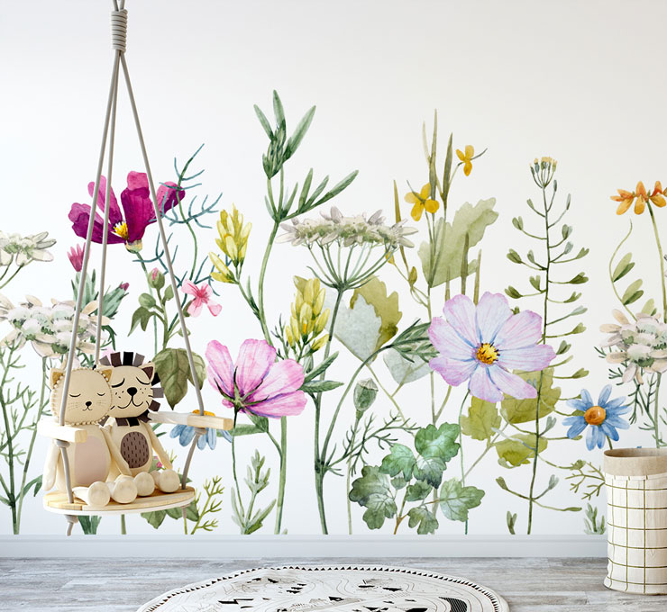illustrated flowers on white background wallpaper in baby's nursery with swinging chair