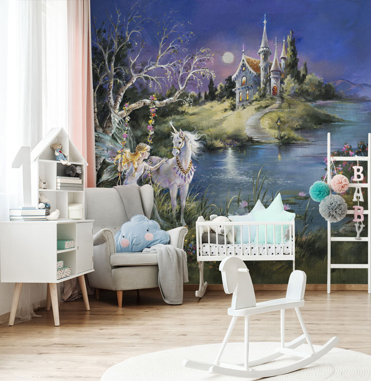 vintage illustration of fairy and unicorn by lake wallpaper in white, grey and pinkbaby's nursery