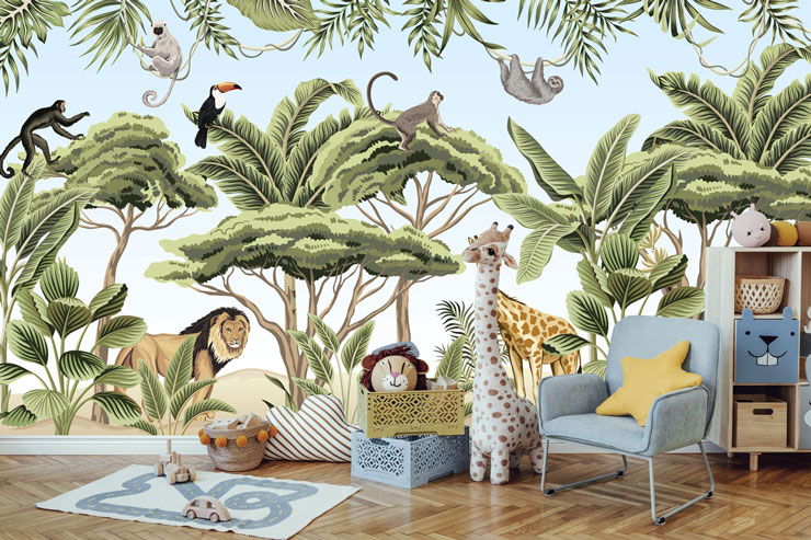 illustrated jungle and animal wallpaper in cute animal themed nursery