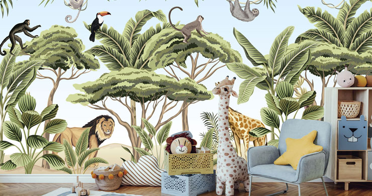 jungle animals illustrated wallpaper in cute nursery