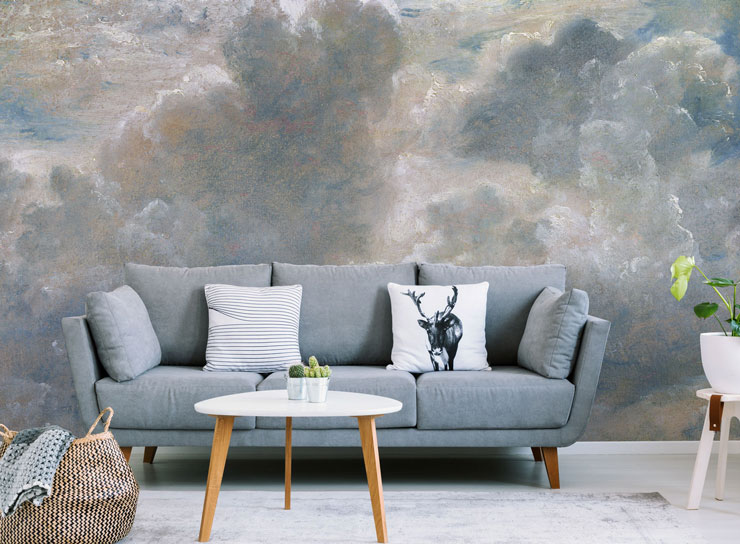 antique painted art of clouds wall mural in grey themed lounge