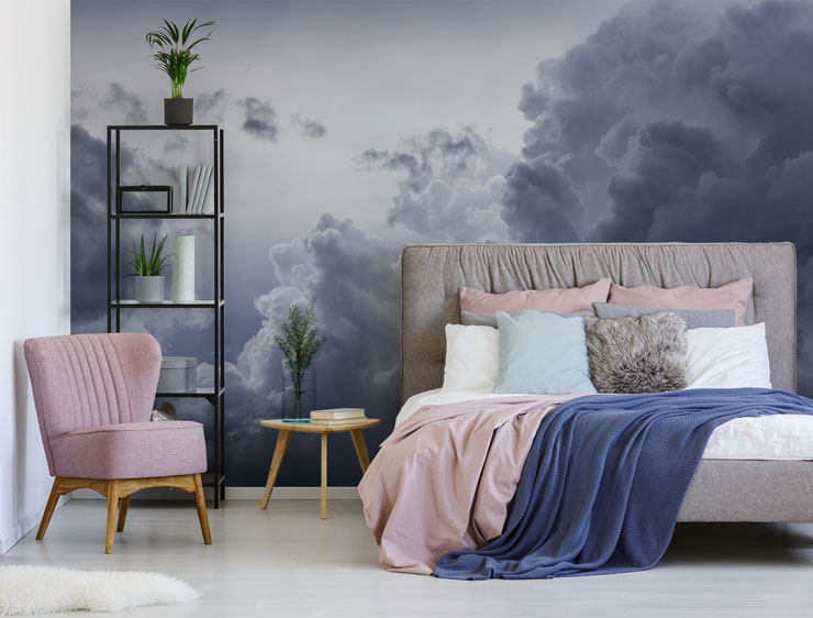 grey clouds wallpaper in pink and grey master bedroom