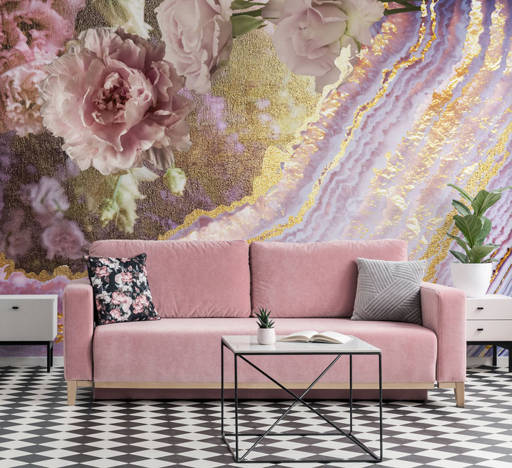 pink, purple and gold floral and geode wallpaper in cool black and pink lounge