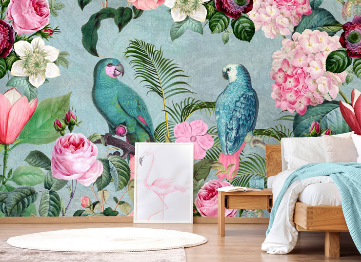 tropical wallpaper with blue birds and pink flowers wallpaper in trendy bedroom