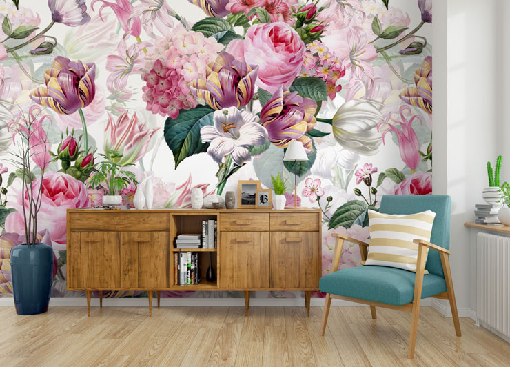 pink, white and green floral wallpaper in modern lounge