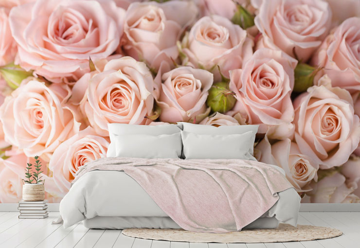 pastel pink roses photo wallpaper in white and pink master bedroom