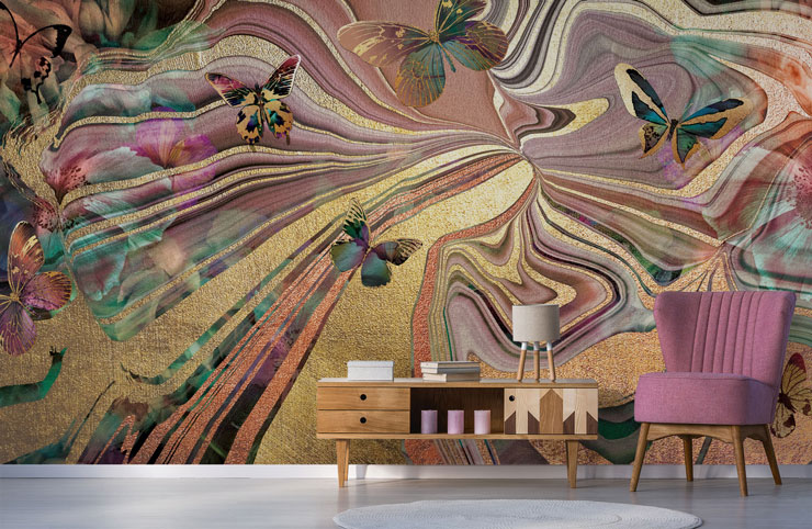 gold, rose gold and pink swirls with butterflies wall mural in pink lounge