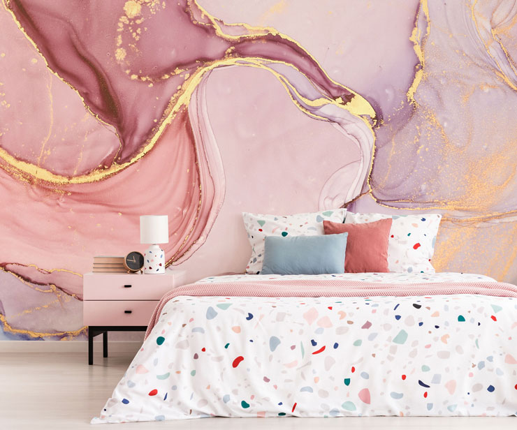 pink and gold marble wallpaper in trendy teenager's bedroom