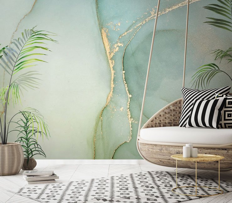 pale green marble with gold colour wall mural in boho style lounge