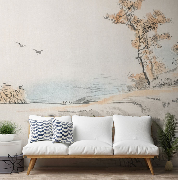 subtle oriental painted landscape wall mural in minimalist lounge