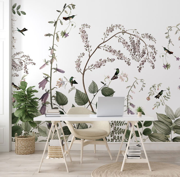 green and purple leafy jungle and hummingbirds wallpaper in trendy white office