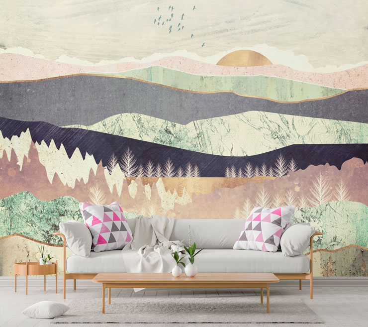 pink, purple and silver abstract landscape wallpaper in subtle lounge