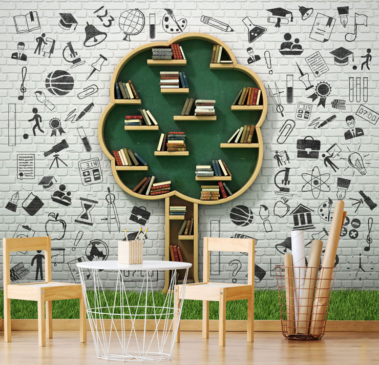 tree bookshelf wallpaper in kids playroom