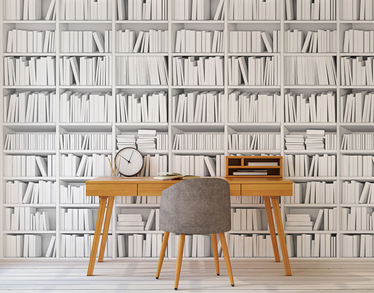 minimalist white bookshelf in sleek office