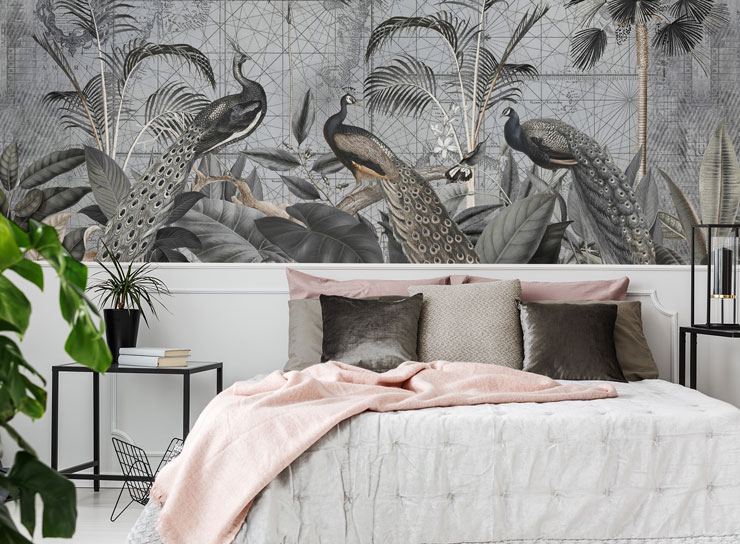 grey illustrated vintage peacock wallpaper in grey and pink bedroom