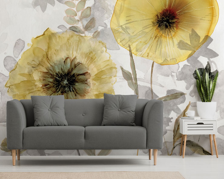 ochre and grey watercolour flower wallpaper in grey living room